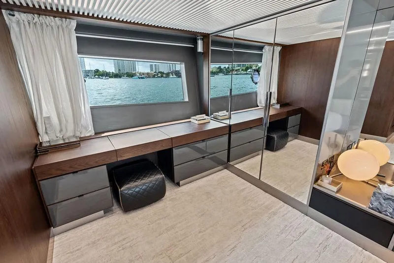 Slide: The Image of Luxurious interior of 2018 Ferretti Yachts 850 Motoryacht with elegant wood and mirrored finishes. - 61