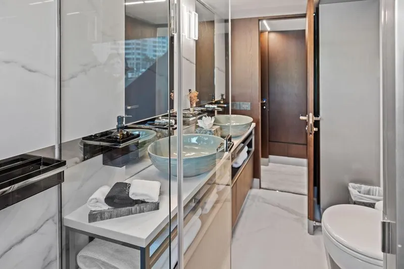 Slide: The Image of Luxurious bathroom interior of 2018 Ferretti Yachts 850 Motoryacht with modern fixtures. - 65