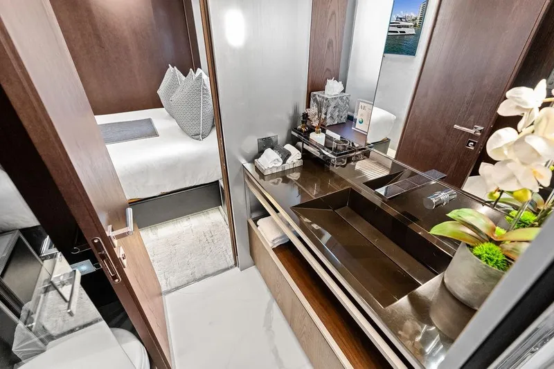 Slide: The Image of Luxurious bathroom interior of 2018 Ferretti Yachts 850 Motoryacht with modern fixtures. - 69