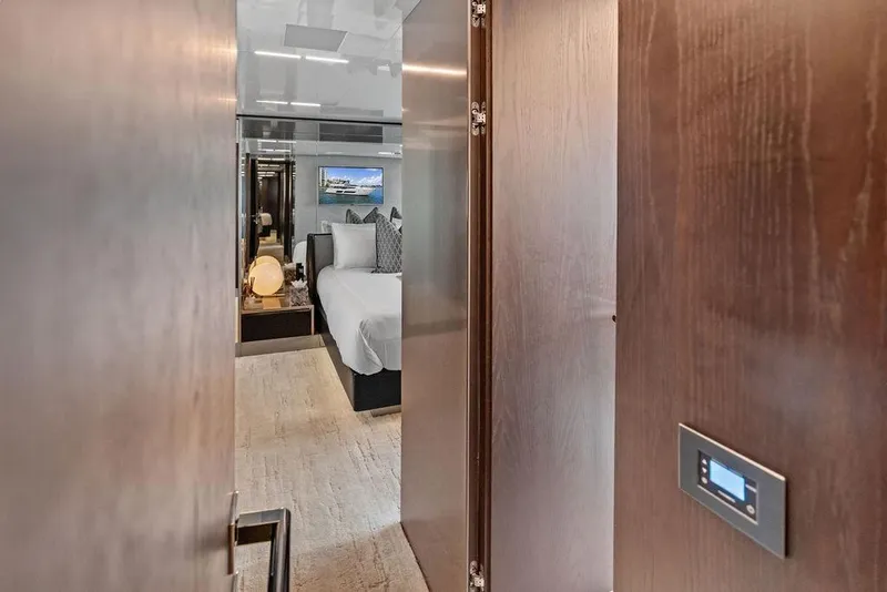 Slide: The Image of Luxurious bedroom interior of 2018 Ferretti Yachts 850 Motoryacht, featuring elegant design. - 74