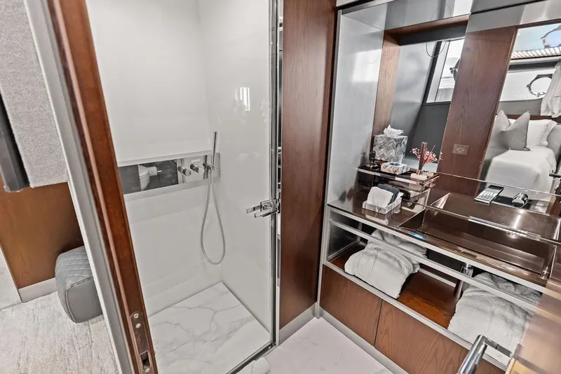 Slide: The Image of Luxurious bathroom interior of 2018 Ferretti Yachts 850 Motoryacht, featuring modern shower and vanity. - 78