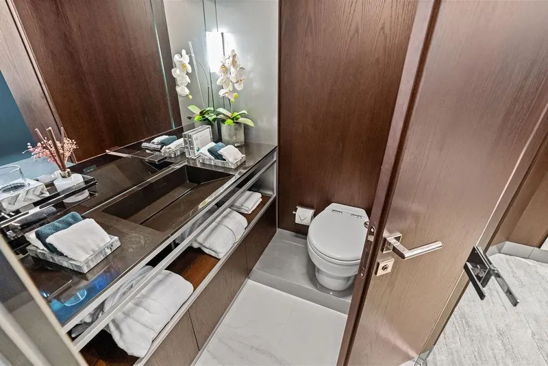 Slide: The Image of Luxurious bathroom in 2018 Ferretti Yachts 850 Motoryacht with elegant wood finishes. - 79