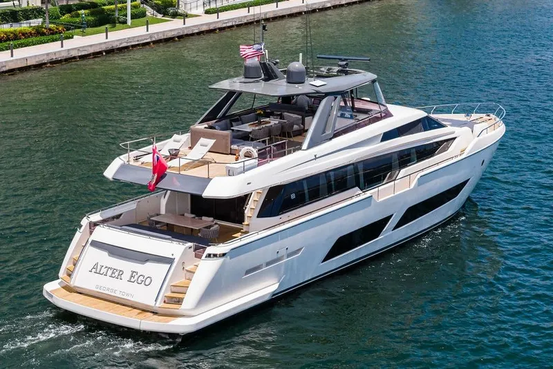 Slide: The Image of 2018 Ferretti Yachts 850 Motoryacht cruising on water, featuring luxurious deck and sleek design. - 8