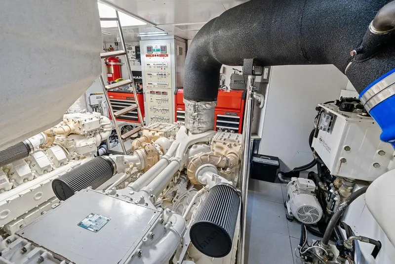 Slide: The Image of Engine room of 2018 Ferretti Yachts 850 Motoryacht, showcasing machinery and equipment. - 82