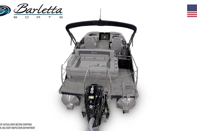 Slide: The Image of 2026 Barletta ARIA 22UC pontoon boat, rear view with seating and motor, logo visible. - 5