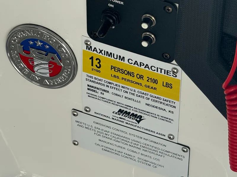 Slide: The Image of Cobalt R4 2025 boat capacity label, 13 persons or 2100 pounds. - 27