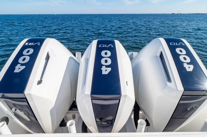 Slide: The Image of Triple 400 horsepower outboard engines on a 2014 Intrepid 375 Walkaround boat. - 8