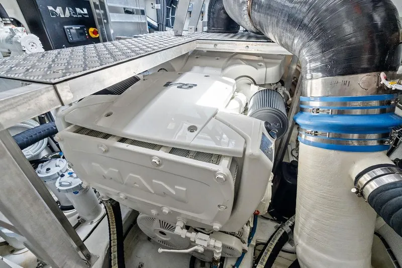 Slide: The Image of Engine room of 2024 Sunreef 80 Power yacht featuring a MAN V8 engine. - 109