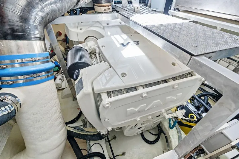 Slide: The Image of Engine room of 2024 Sunreef 80 Power yacht featuring a MAN V8 engine. - 121