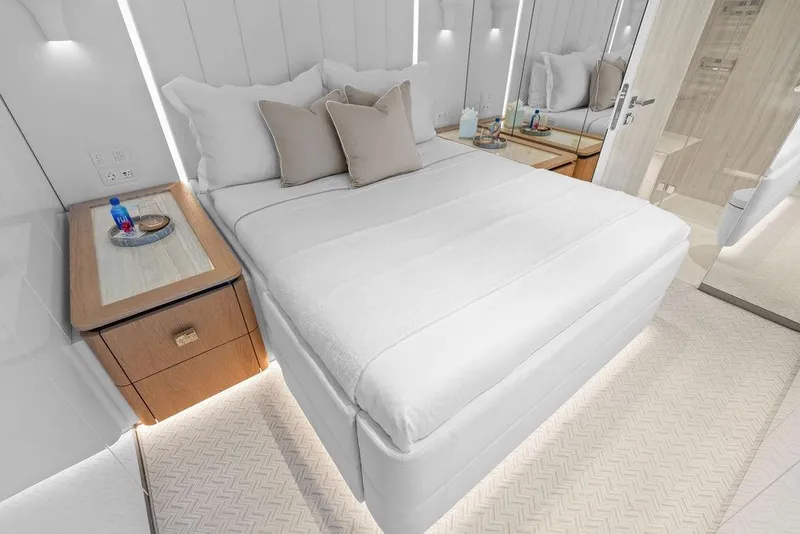 Slide: The Image of Luxurious bedroom interior of 2024 Sunreef 80 Power yacht, featuring elegant design and modern amenities. - 59