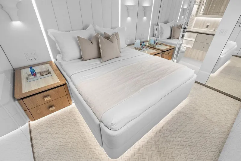 Slide: The Image of Luxurious bedroom interior of 2024 Sunreef 80 Power yacht, featuring elegant design and modern amenities. - 60