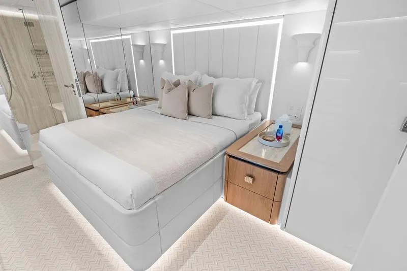 Slide: The Image of Luxurious bedroom interior of 2024 Sunreef 80 Power yacht, featuring elegant design and modern amenities. - 61