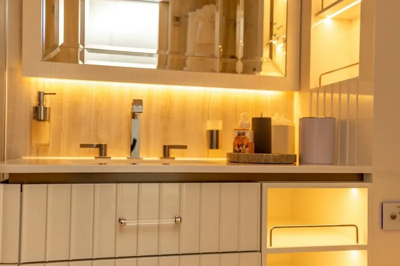 Slide: The Image of Luxurious bathroom vanity on 2024 Sunreef 80 Power yacht, featuring modern fixtures and ambient lighting. - 68