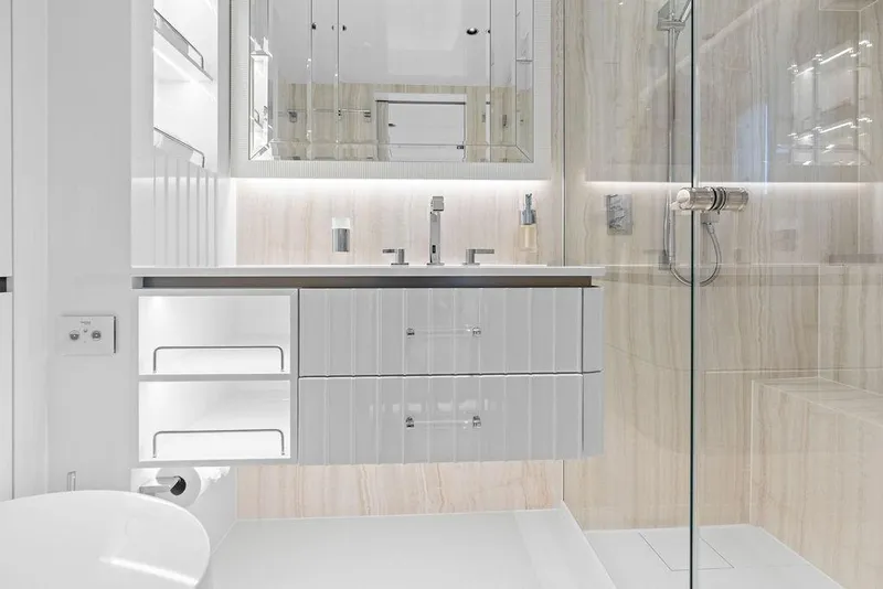 Slide: The Image of Luxurious bathroom interior of 2024 Sunreef 80 Power yacht, featuring modern fixtures and elegant design. - 69