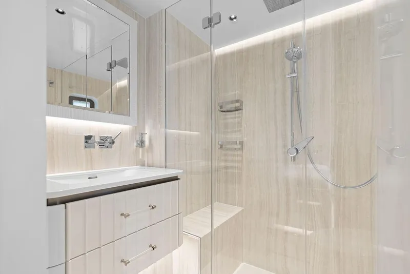 Slide: The Image of Luxurious bathroom in 2024 Sunreef 80 Power yacht with modern fixtures and glass shower. - 70
