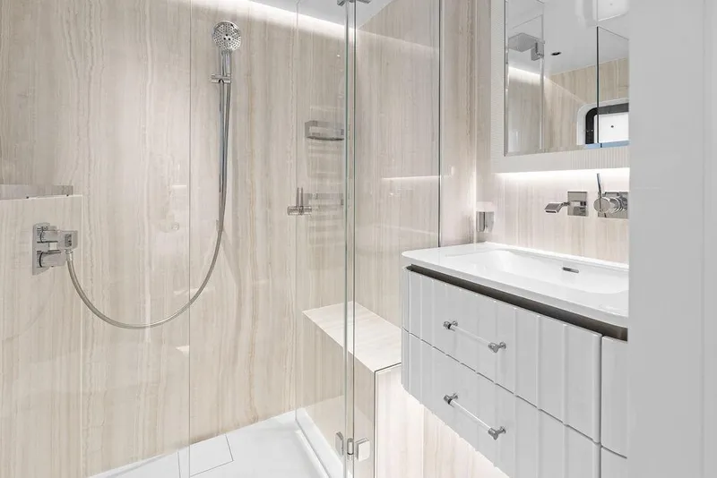 Slide: The Image of Luxurious bathroom in 2024 Sunreef 80 Power yacht with modern fixtures and elegant design. - 71