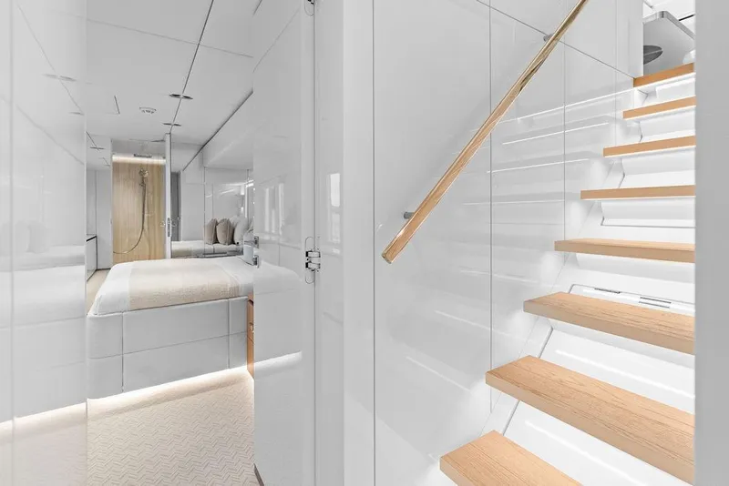 Slide: The Image of Luxurious interior of 2024 Sunreef 80 Power yacht with modern staircase and elegant bedroom. - 72