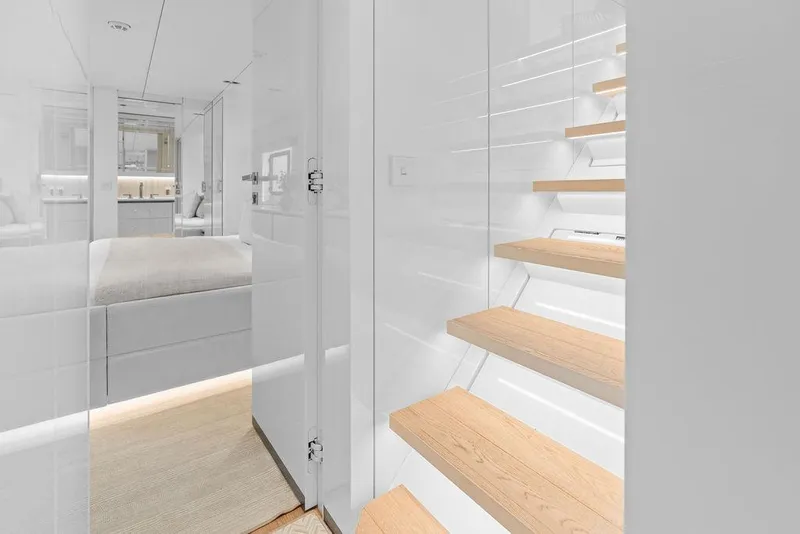 Slide: The Image of Luxurious interior of 2024 Sunreef 80 Power yacht with modern staircase and bedroom. - 73