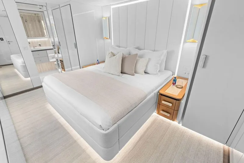 Slide: The Image of Luxurious bedroom interior of 2024 Sunreef 80 Power yacht, featuring elegant design and modern amenities. - 74