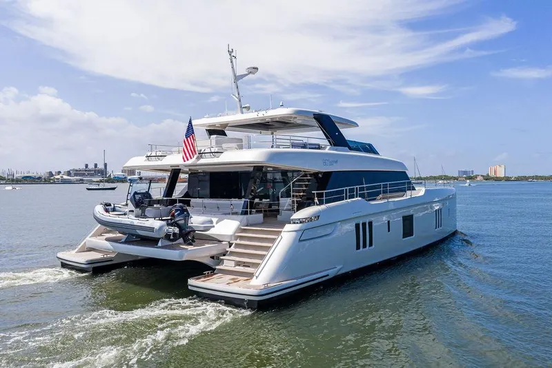 Slide: The Image of Luxury Sunreef 80 Power yacht cruising on a sunny day, 2024 model. - 8