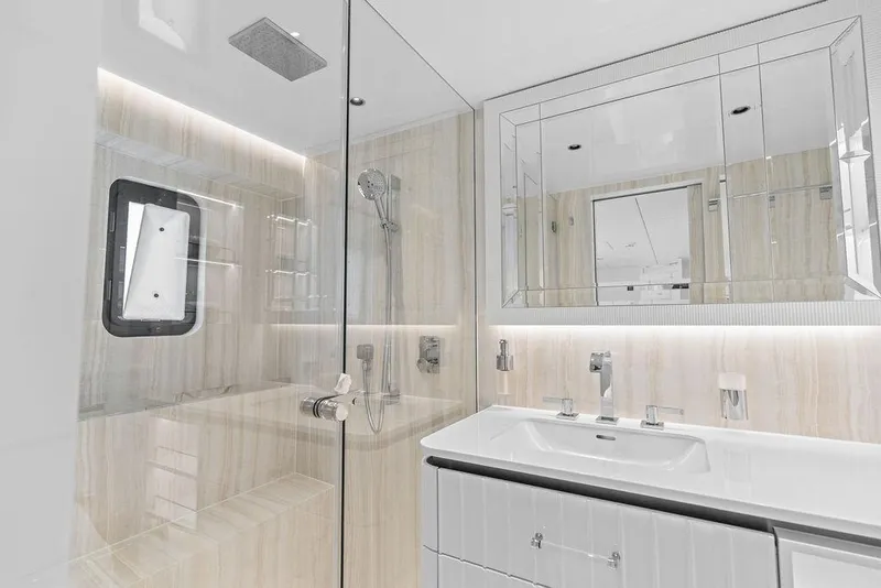 Slide: The Image of Luxurious bathroom interior of 2024 Sunreef 80 Power yacht with modern fixtures and elegant design. - 83