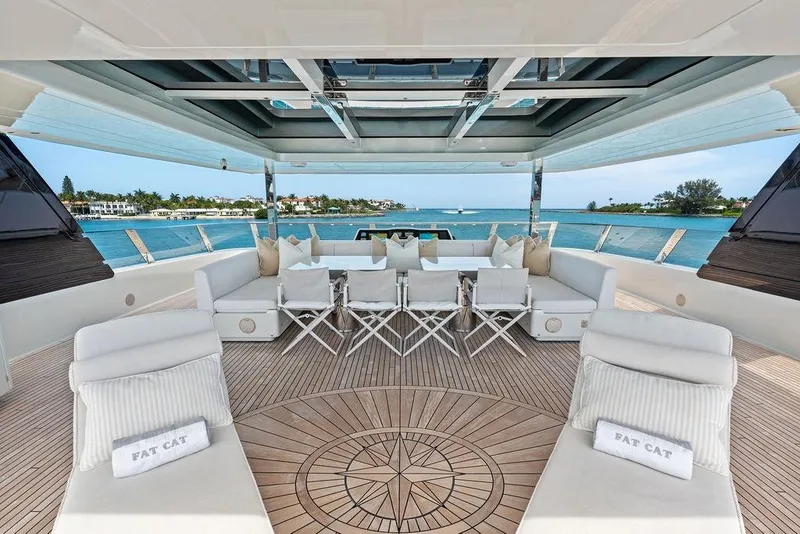 Slide: The Image of Luxurious Sunreef 80 Power yacht deck with elegant seating, ocean view, and modern design, 2024 model. - 91