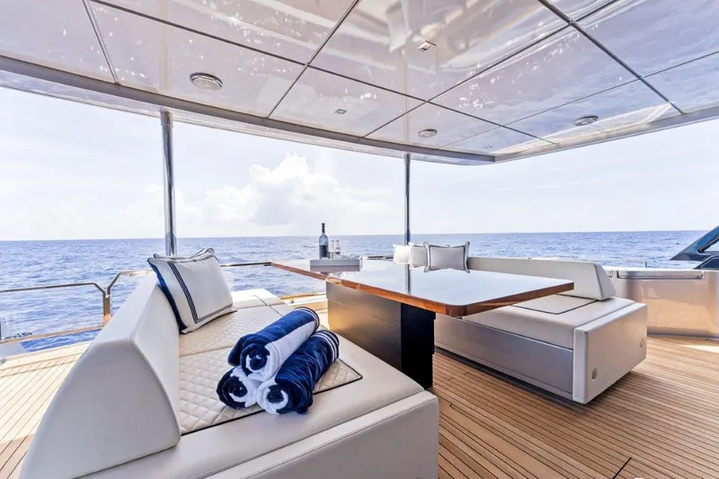 Slide: The Image of Luxurious 2022 Riva 90' Argo yacht deck with elegant seating and ocean view. - 6