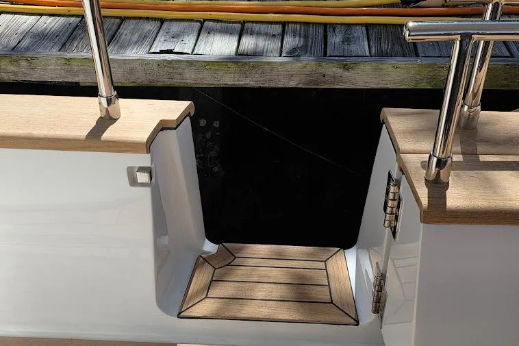 Slide: The Image of 2024 Sirena 58 Flybridge MY yacht, featuring elegant teak decking and stainless steel railings. - 16