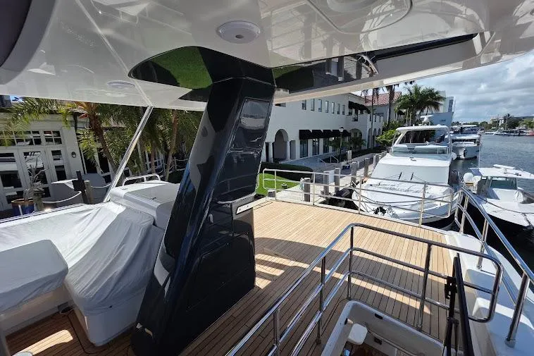 Slide: The Image of 2024 Sirena 58 Flybridge MY yacht with spacious deck and modern design, docked by waterfront. - 29