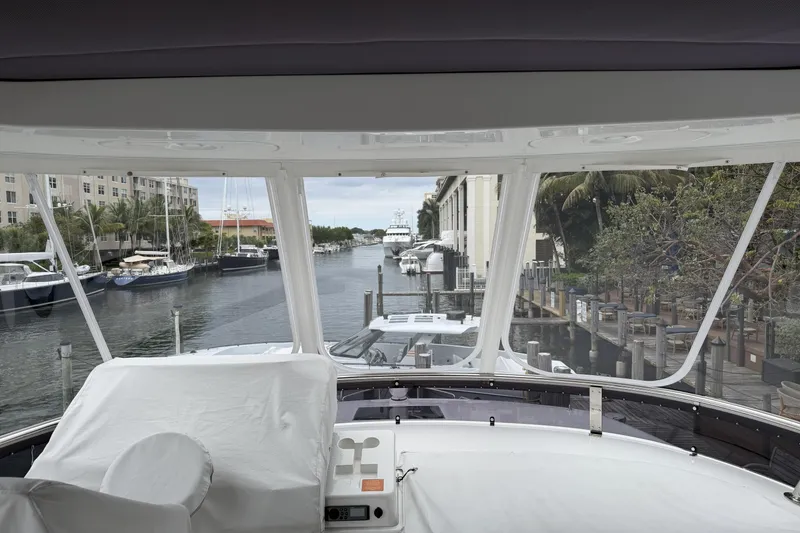 Slide: The Image of View from 2024 Sirena 58 Flybridge MY, overlooking marina with boats and palm trees. - 39
