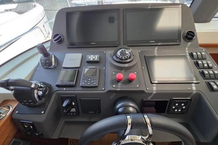 Slide: The Image of 2024 Sirena 58 Flybridge MY helm with advanced navigation controls and dual screens. - 59