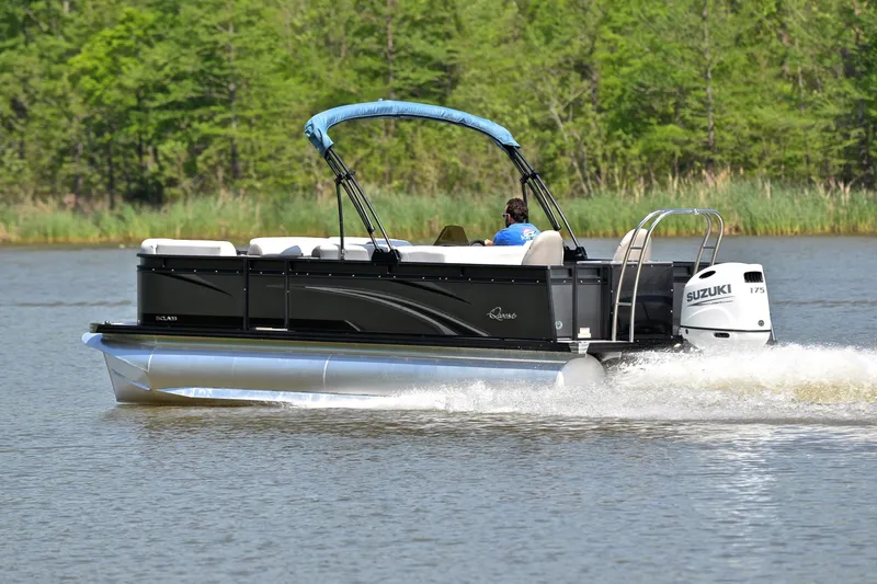 Slide: The Image of 2022 Qwest E822 pontoon boat cruising on a lake with Suzuki 175 engine. - 4