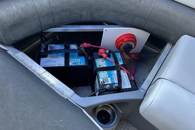 Slide: The Image of 2020 Avalon 2685 LSZ QL boat seat with open storage compartment, gray upholstery. - 16