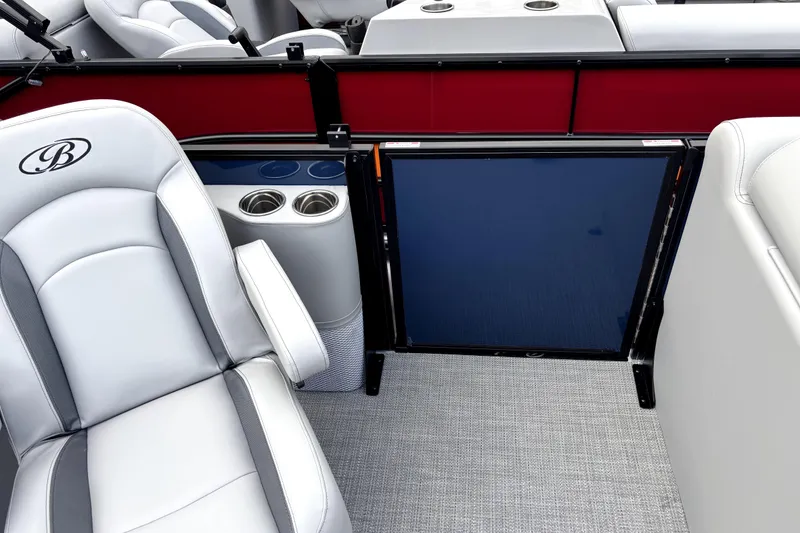 Slide: The Image of 2026 Bentley Pontoons Legacy 220 Navigator interior with luxurious seating and cup holders. - 4