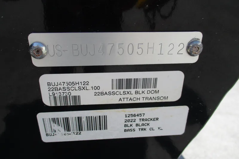 Slide: The Image of 2022 Tracker Bass Tracker Classic XL identification labels on black surface. - 20