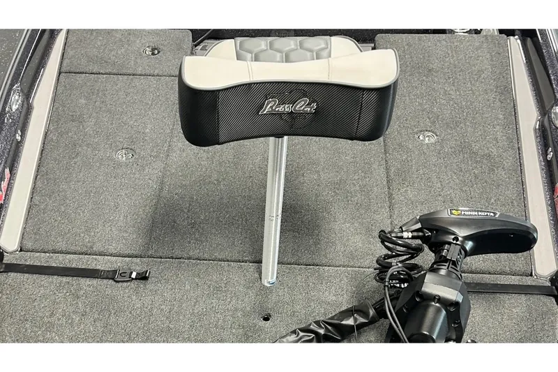 Slide: The Image of 2026 Bass Cat Lynx STS boat deck with seat and trolling motor. - 10