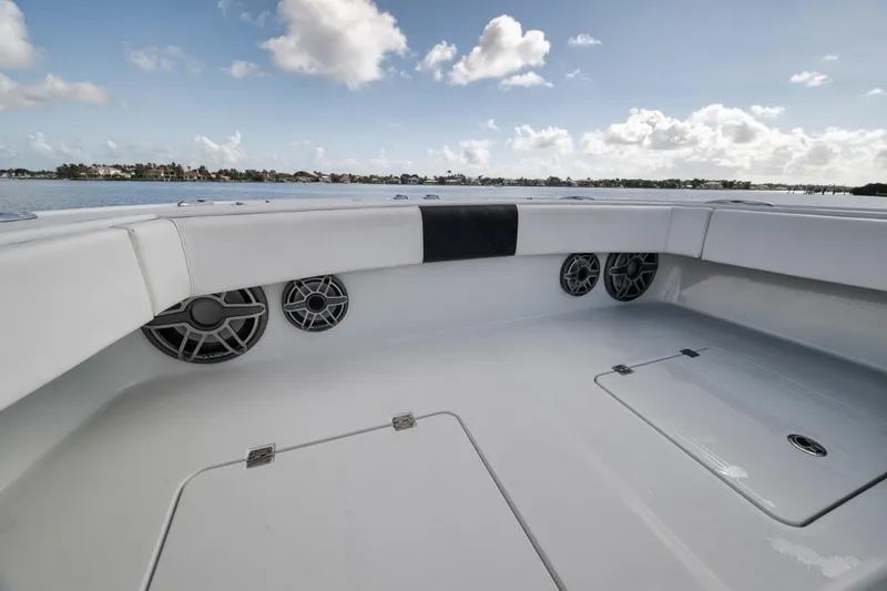 Slide: The Image of Freeman 42LR 2020 boat interior with speakers, open water view, and clear sky. - 14