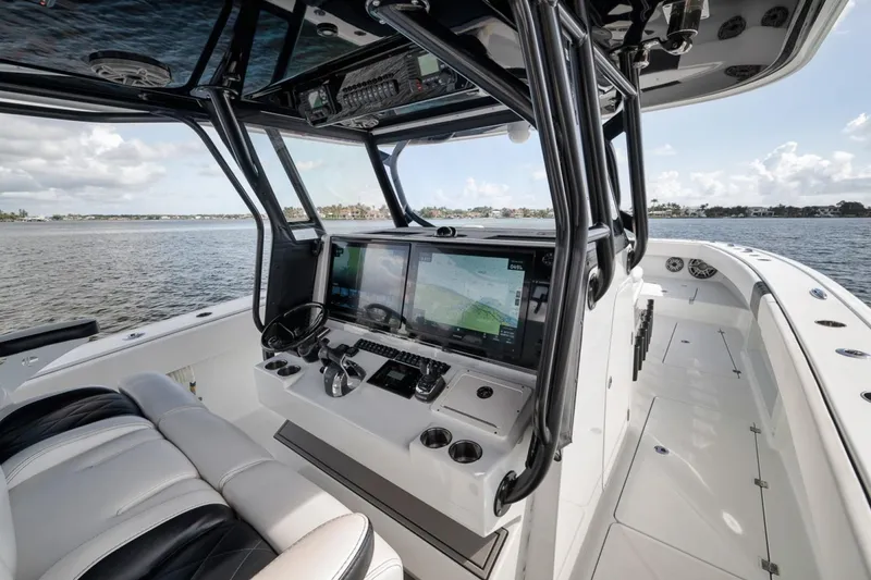 Slide: The Image of Interior view of 2020 Freeman 42LR boat with advanced navigation system. - 26