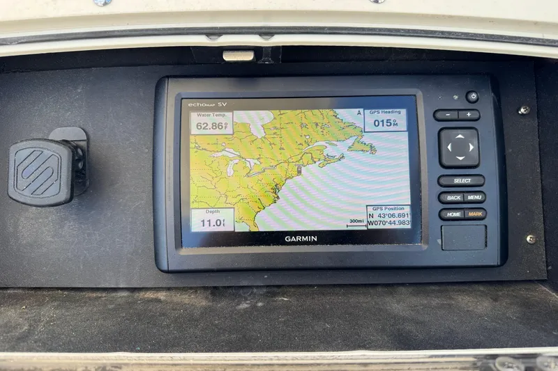 Slide: The Image of Garmin GPS display on 2000 Boston Whaler 21 Conquest, showing map and navigation data. - 8