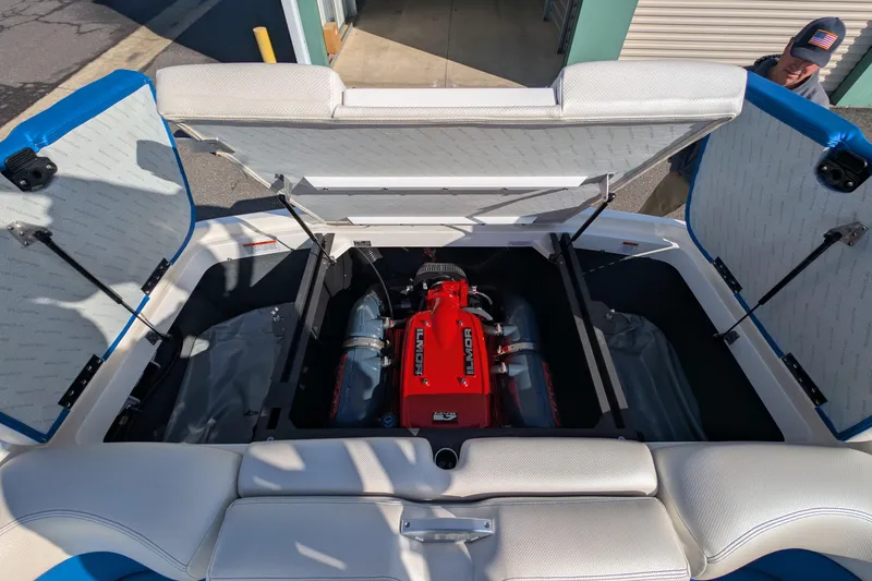 Slide: The Image of 2016 MasterCraft X10 boat engine compartment with Ilmor engine, open hatch view. - 34