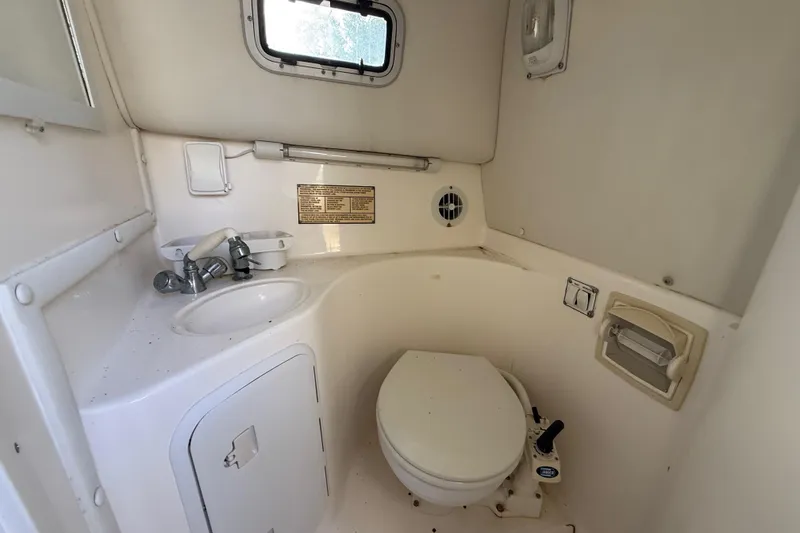 Slide: The Image of 2002 Century 2900 Walk-Around boat bathroom with sink and toilet. - 102