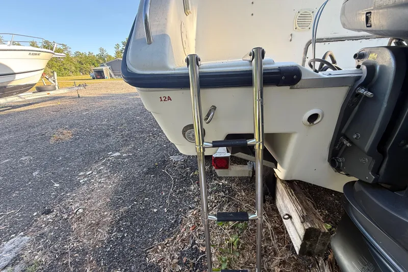 Slide: The Image of 2002 Century 2900 Walk-Around boat with ladder, parked on gravel. - 36