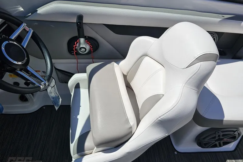 Slide: The Image of Interior of 2018 Four Winns HD220 boat with white seating and steering wheel. - 71