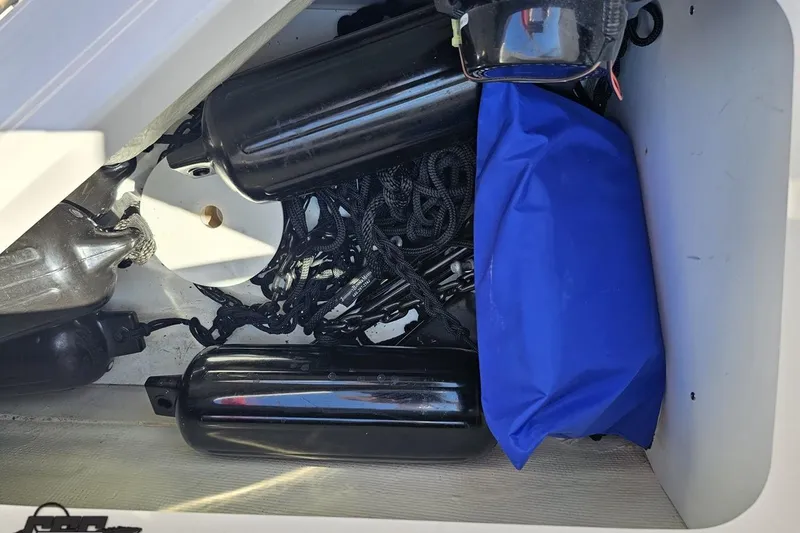 Slide: The Image of Storage compartment of 2018 Four Winns HD220 boat with fenders and blue bag. - 98