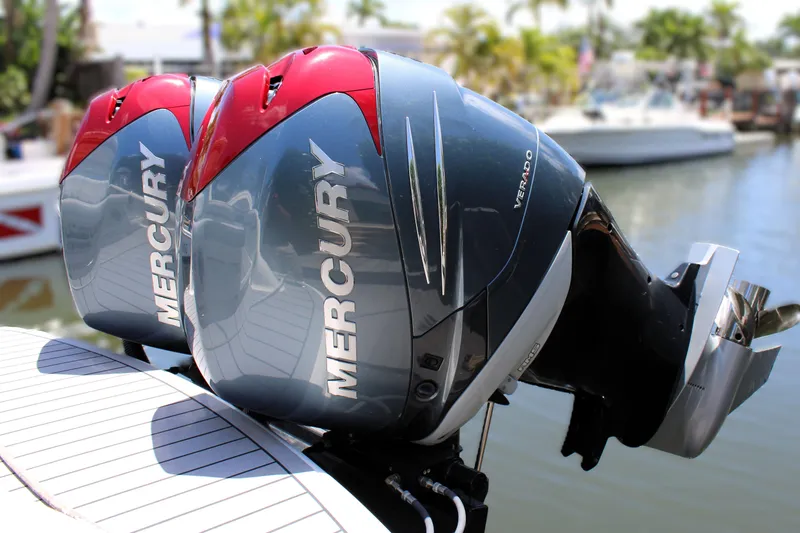 Slide: The Image of Twin Mercury outboard engines on a 2022 Formula 310 Bowrider OB boat. - 4