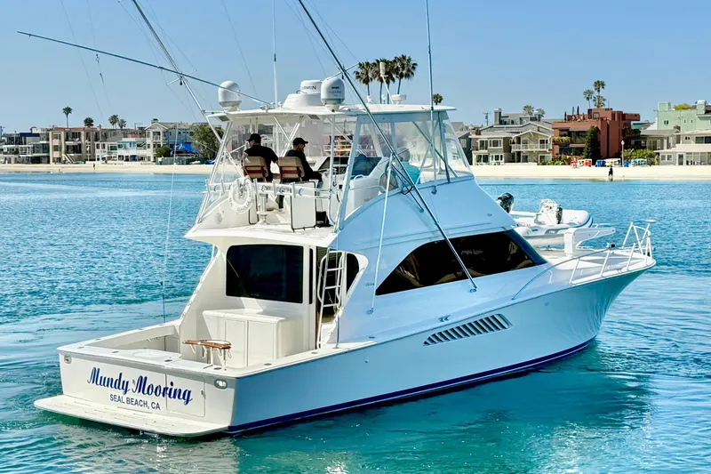 Slide: The Image of 2002 Viking 48 Convertible yacht on clear blue water near a beach. - 2