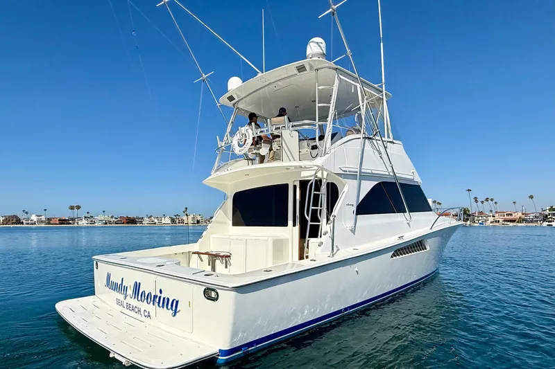 Slide: The Image of 2002 Viking 48 Convertible yacht on calm water, clear blue sky background. - 5