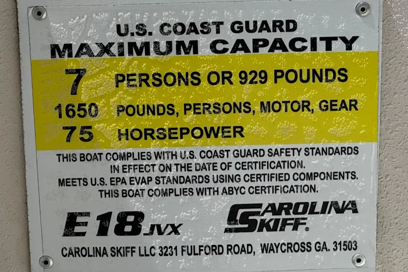 Slide: The Image of 2024 Carolina Skiff E18 JVX CC capacity plate, 7 persons, 1650 pounds, 75 horsepower. - 25