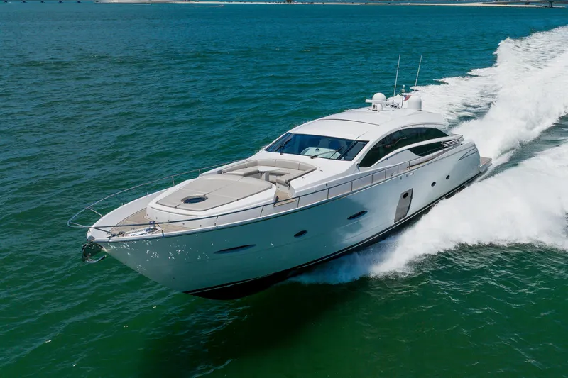 Slide: The Image of Luxurious 2010 Pershing 80 yacht cruising on open water. - 7
