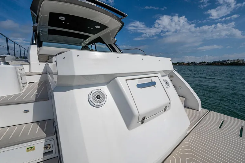 Slide: The Image of 2019 Azimut Atlantis 51 yacht deck with sleek design and ocean view. - 18